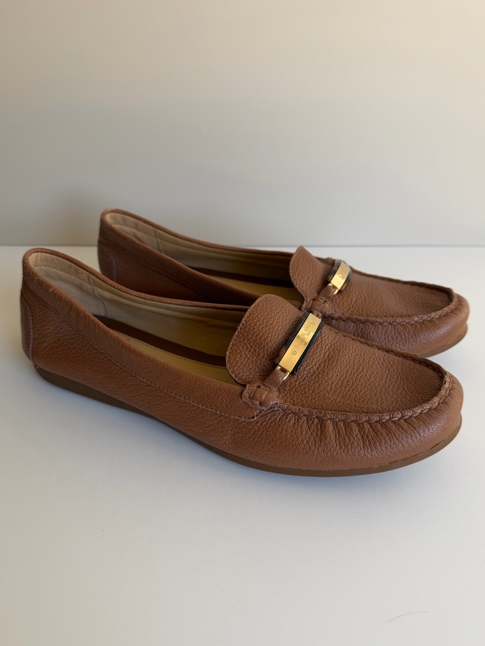 MICHAEL Michael Kors Brown Leather Moccasin Loafers with Gold Accent